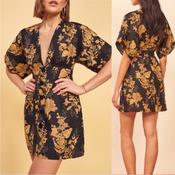 NWOT Reformation Ty Plunge V‎ Neck Kimono Sleeve Floral Linen Mini - Size 2 - Picture 3 of 11